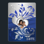 Blue, Silver Scrolls, Hearts Photo Wedding Invite<br><div class="desc">This romantic royal and navy blue and silver gray scrolled photo wedding invitation has a blue PRINTED ribbon and a silver joined hearts frame with a photo template area for you to add your own digital photo. It would be perfect for a blue and silver themed wedding, or for a...</div>
