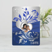 Blue, Silver Scrolls, Hearts Photo Wedding Invite (Standing Front)