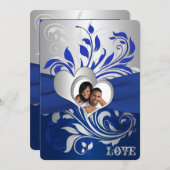 Blue, Silver Scrolls, Hearts Photo Wedding Invite (Front/Back)