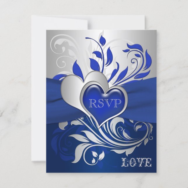Blue, Silver Scrolls, Hearts RSVP Card (Front)