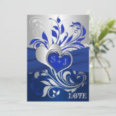 Blue, Silver Scrolls, Hearts Wedding Invitation (Standing Front)