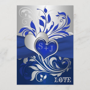 Blue, Silver Scrolls, Hearts Wedding Invitation