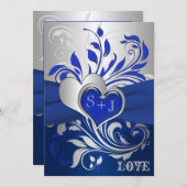 Blue, Silver Scrolls, Hearts Wedding Invitation (Front/Back)