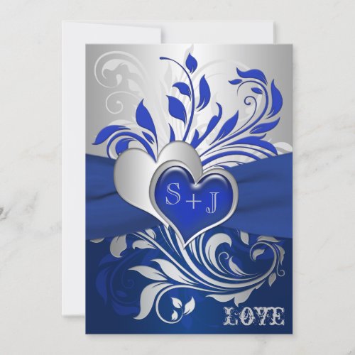Blue Silver Scrolls Hearts Wedding Invitation