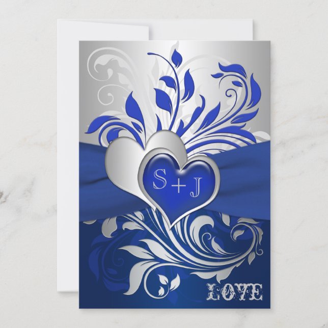 Blue, Silver Scrolls, Hearts Wedding Invitation (Front)
