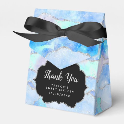 Blue Silver Sequins Agate Sweet Sixteen Thank You Favor Boxes