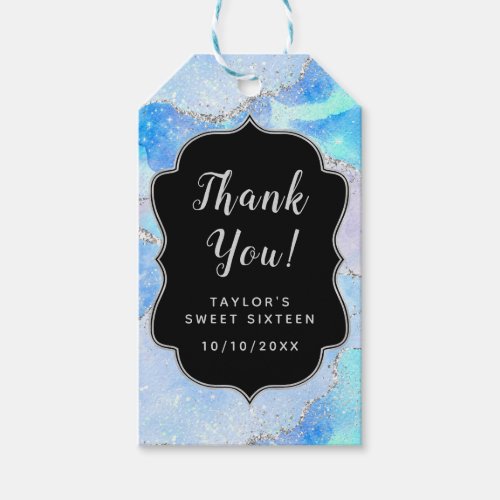 Blue Silver Sequins Agate Sweet Sixteen Thank You Gift Tags