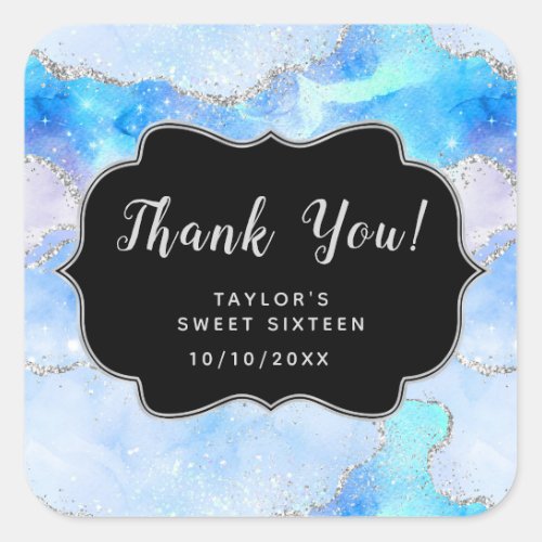 Blue Silver Sequins Agate Sweet Sixteen Thank You Square Sticker