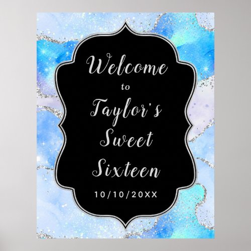 Blue Silver Sequins Agate Sweet Sixteen Welcome Poster