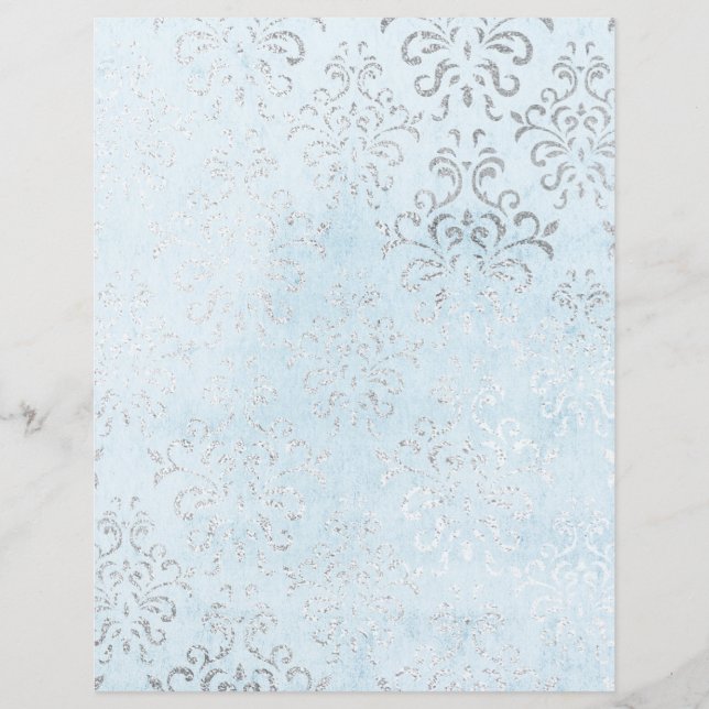 Blue & Silver Shabby Damask Scrapbook Paper (Front)