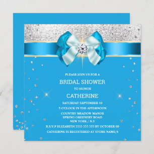 Blue silver shimmer bow sparkle glitter invitation
