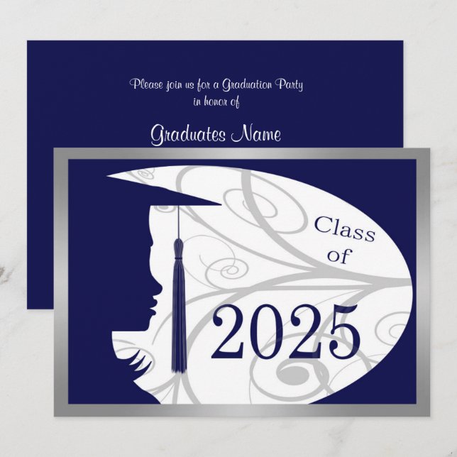 Blue & Silver Silhouette 2025 Graduation Party Invitation (Front/Back)