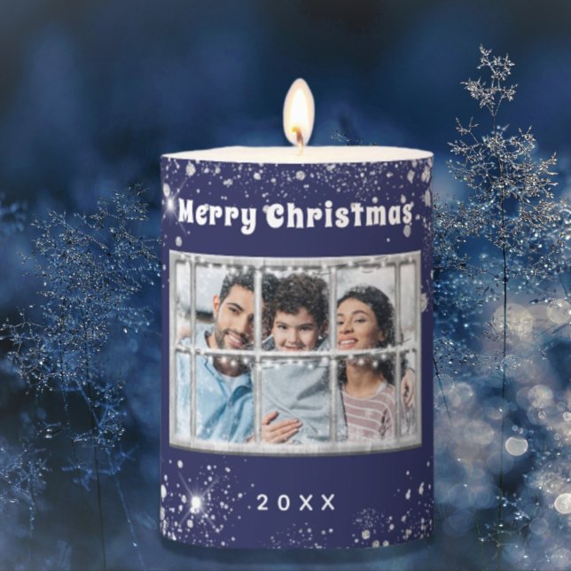 Blue silver snow photo winter window pillar candle (Creator Uploaded)