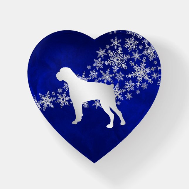 Blue Silver Snowflake Boxer Dog Paperweight (Front)