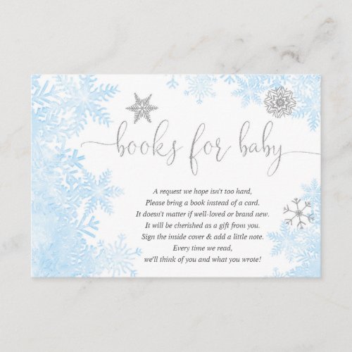 Blue silver snowflake boy baby shower book request enclosure card