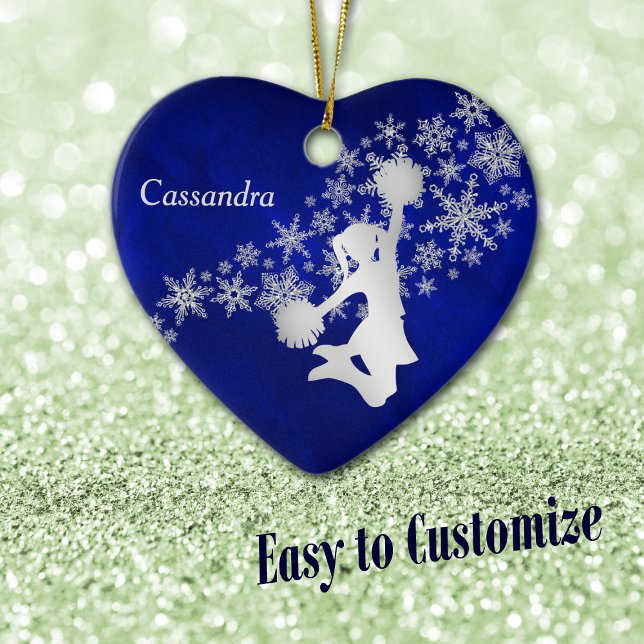 Blue Silver Snowflake Cheerleader Personalized Ceramic Ornament (Creator Uploaded)
