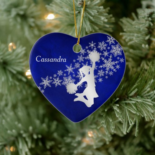 Blue Silver Snowflake Cheerleader Personalized Ceramic Ornament