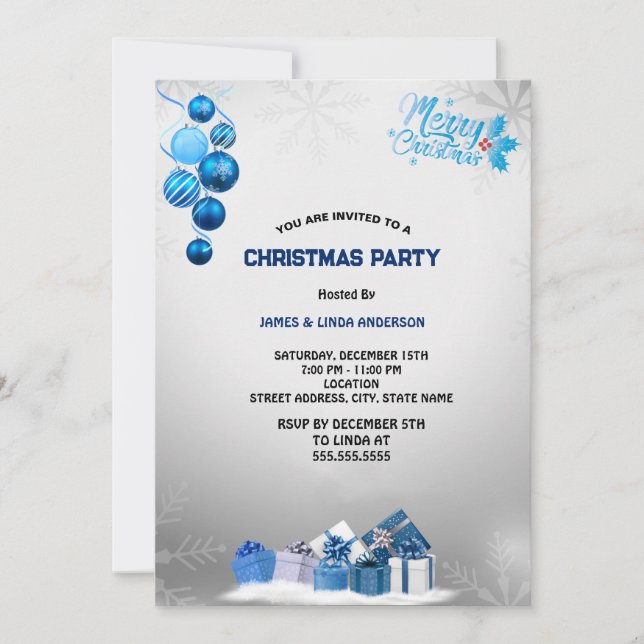 Blue Silver Snowflake  Christmas Party  Invitation (Front)