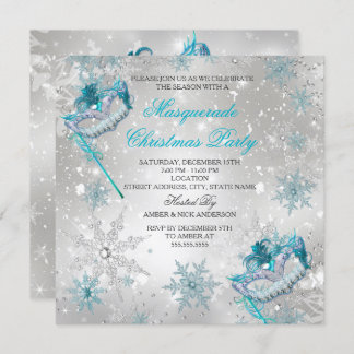 Blue Silver Snowflake Masquerade Christmas Party 2 Invitation