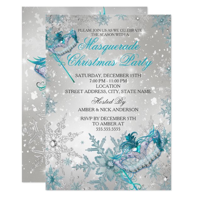 Blue Silver Snowflake Masquerade Christmas Party Invitation