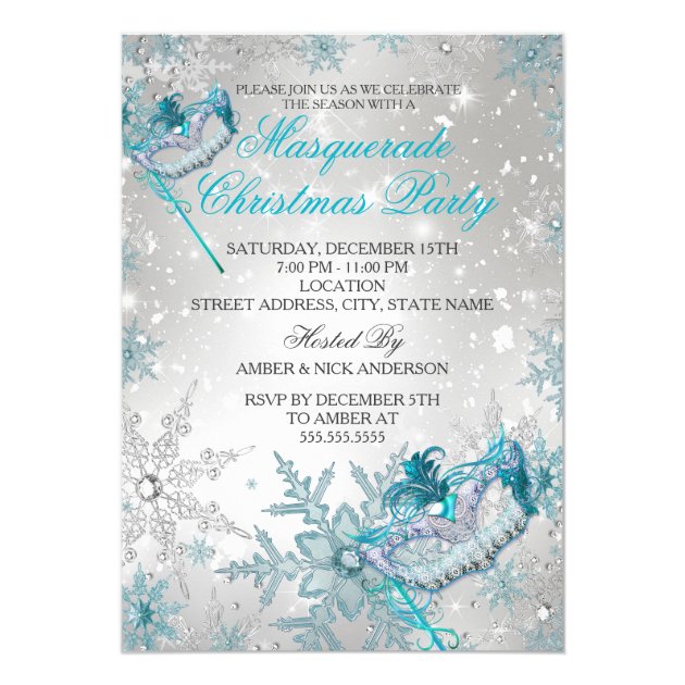 Blue Silver Snowflake Masquerade Christmas Party Invitation