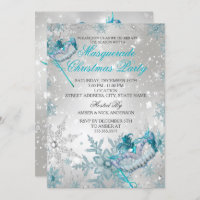 Blue Silver Snowflake Masquerade Christmas Party Invitation