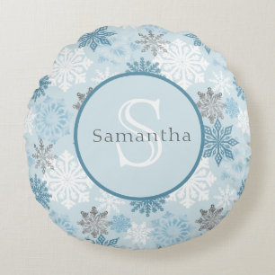 Blue & Silver Snowflake Personalized Monogram Round Pillow