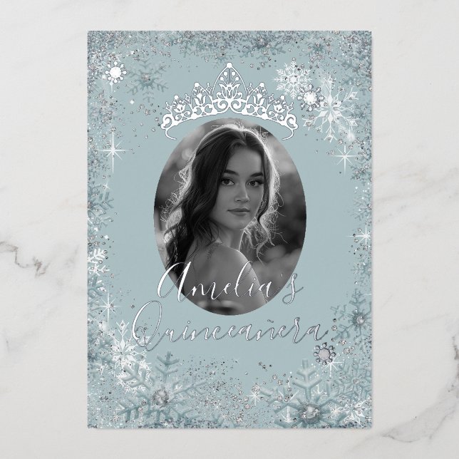 Blue Silver Snowflake Photo Quinceanera  Foil Invitation (Front)