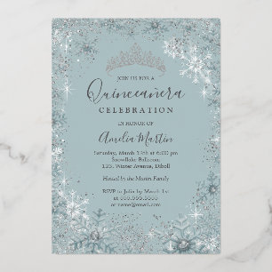 Blue Silver Snowflake Photo Quinceanera  Foil Invitation