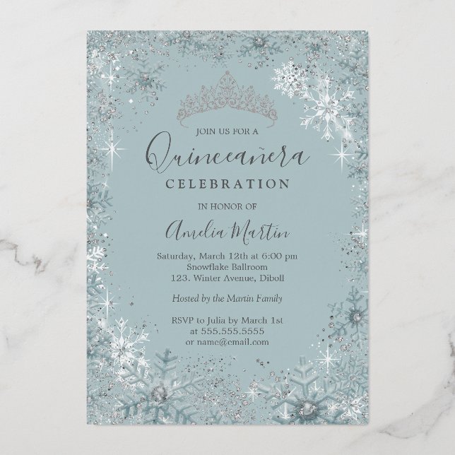 Blue Silver Snowflake Photo Quinceanera  Foil Invitation (Back)