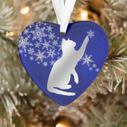 Blue Silver Snowflake Playful Cat Ornament