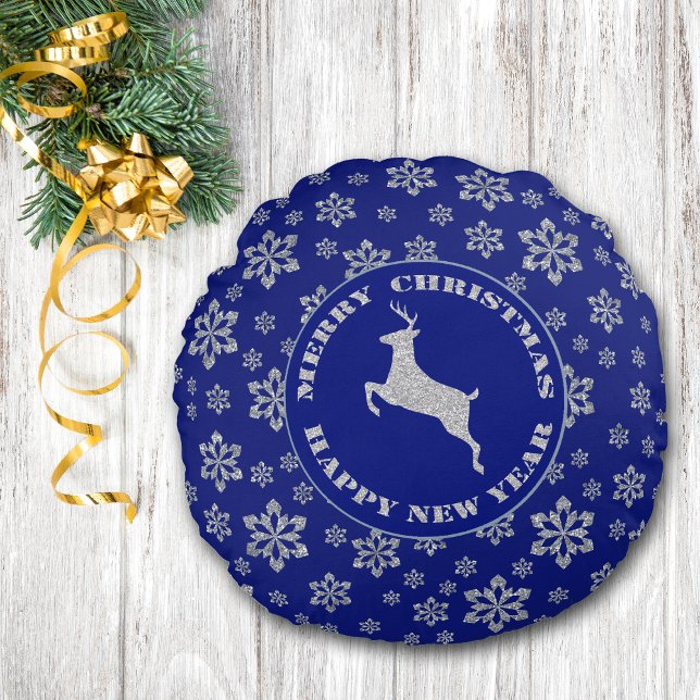 Blue Silver Snowflake Reindeer Round Pillow (Creator Uploaded)