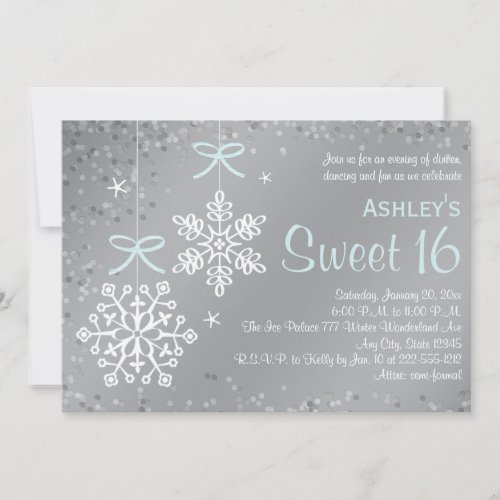 Blue Silver Snowflake Sweet Sixteen Invitations