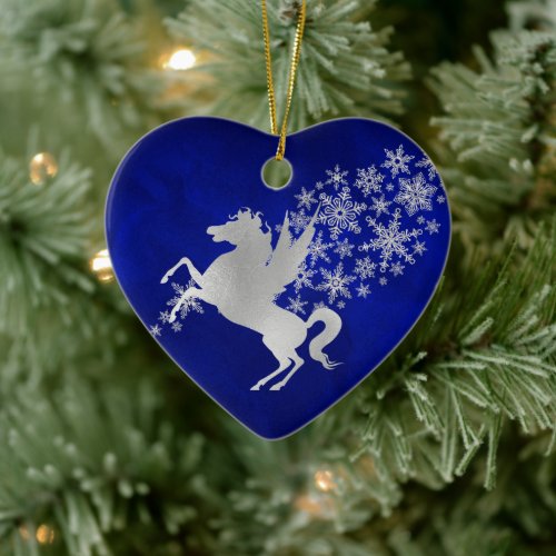 Blue Silver Snowflake Unicorn Personalized Ceramic Ornament