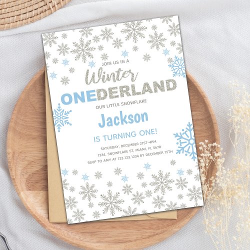 Blue Silver SnowFlake Winter Birthday Onederland Invitation