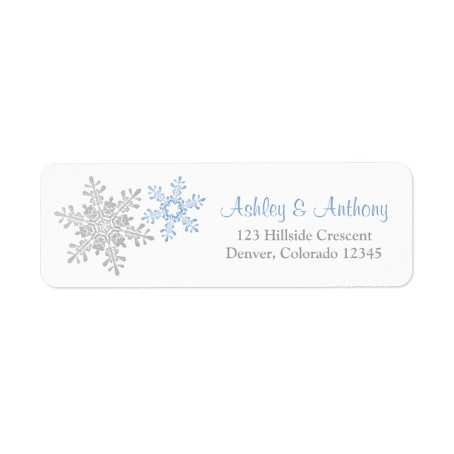Blue Silver Snowflake Winter Wedding Address Label (Front)