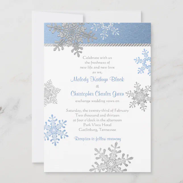 Blue Silver Snowflake Winter Wedding Invitation | Zazzle