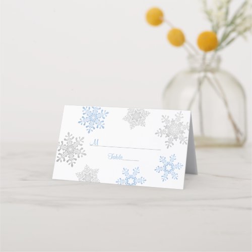 Blue Silver Snowflake Winter Wedding Place Card