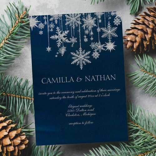 Blue silver snowflake winter wonderland Wedding Invitation