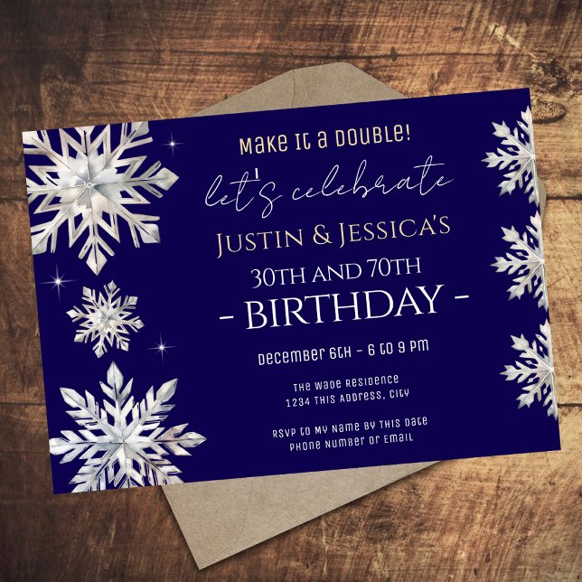Blue Silver Snowflakes Double Birthday Party  Invitation (Creator Uploaded)