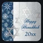 Blue, Silver Snowflakes Happy Hanukkah Sticker<br><div class="desc">This elegant and festive blue,  white and silver gray "Happy Hanukkah" sticker has glittering points of light,  snowflakes,  and four silver Stars of David ornaments on it that matches the Hanukkah invitation shown below. If you need assistance,  email niteowlstudio@gmail.com.</div>