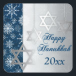 Blue, Silver Snowflakes Happy Hanukkah Sticker<br><div class="desc">This elegant and festive blue,  white and silver gray "Happy Hanukkah" sticker has glittering points of light,  snowflakes,  and four silver Stars of David ornaments on it that matches the Hanukkah invitation shown below. If you need assistance,  email niteowlstudio@gmail.com.</div>