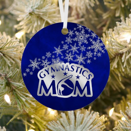 Blue Silver Snowflakes Proud Gymnastics Mom Metal Ornament