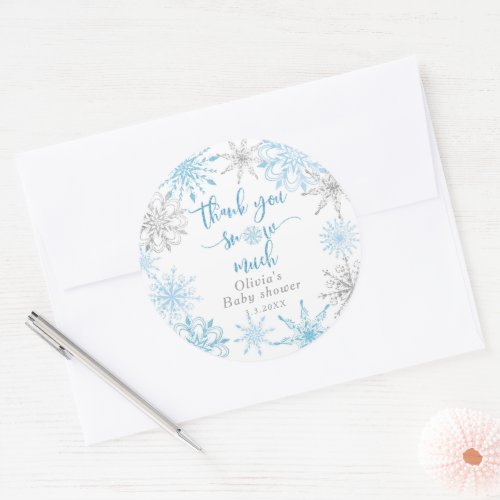 Blue silver snowflakes Thank you snow much Classic Round Sticker