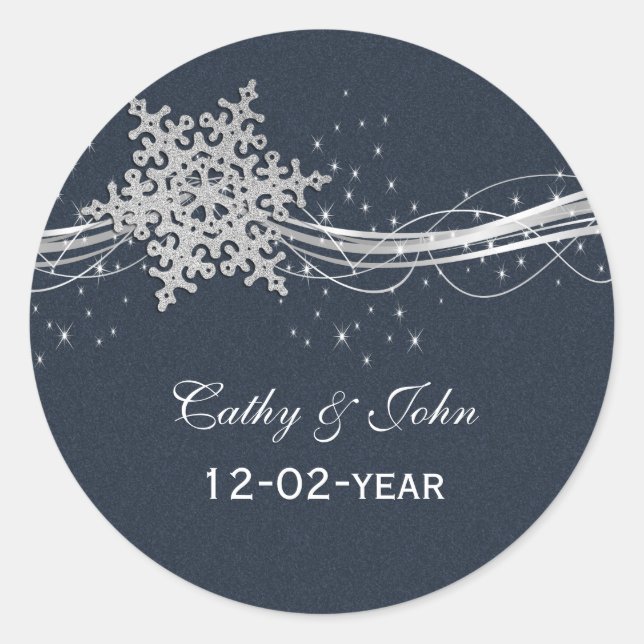 Blue Silver Snowflakes wedding favor stickers (Front)