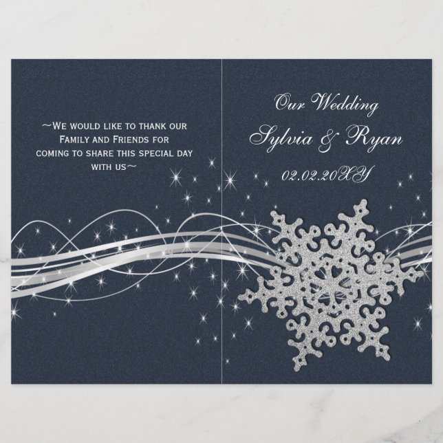 Blue Silver Snowflakes wedding programs folded (Front)