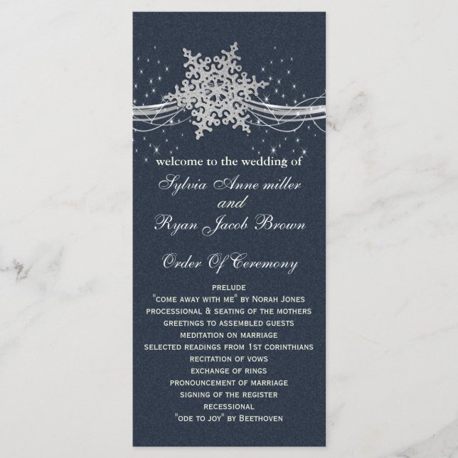 Blue Silver Snowflakes wedding programs tea length (Front)
