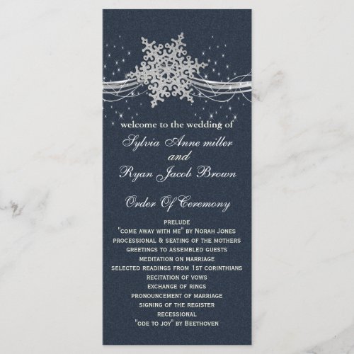 Blue Silver Snowflakes wedding programs tea length