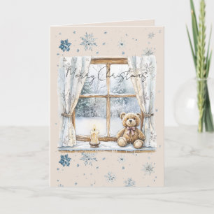 Blue Silver Snowflakes Window Teddy Bear Christmas Card