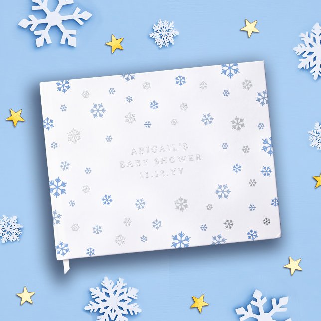 Blue Silver Snowflakes Winter Boy Baby Shower Foil Guest Book (Creator Uploaded)